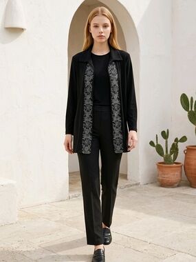 Vikki Vi Black Embroidered-Trim Blazer Jacket
